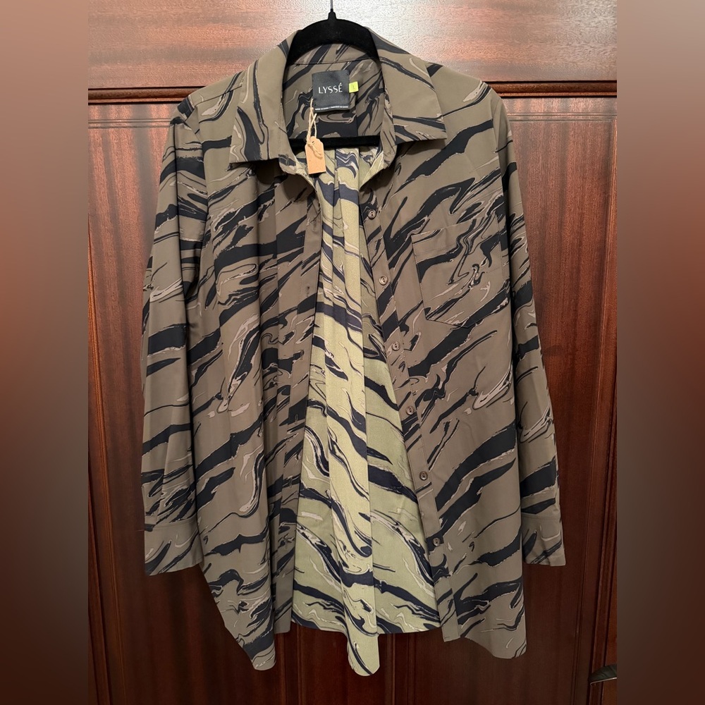 LYSSE Olive and Black Marble-Print Button Shirt
